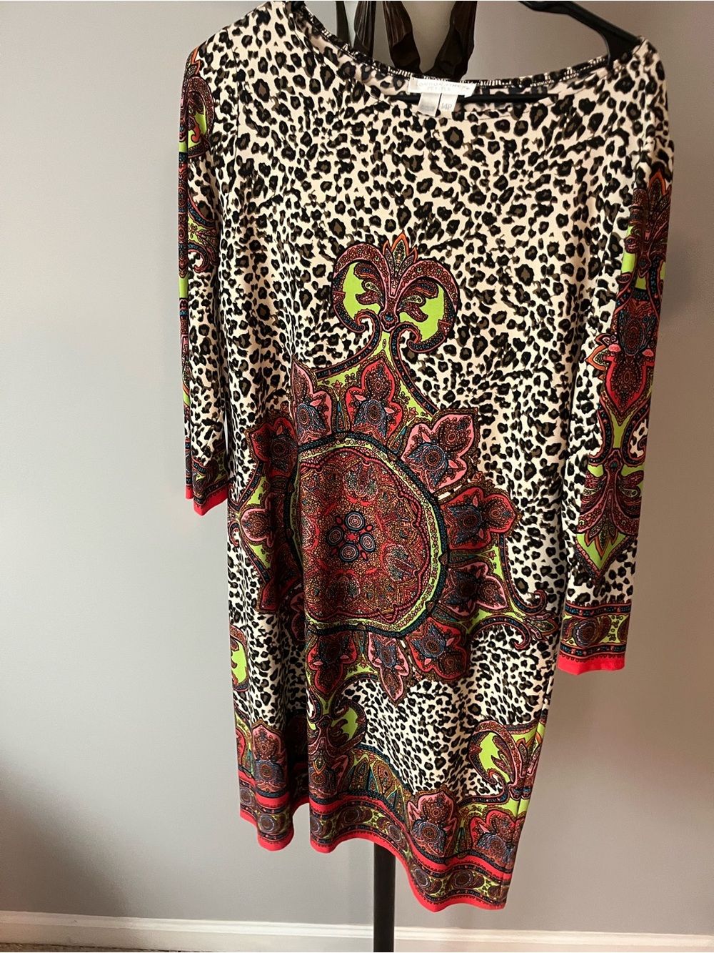 London Times Leopard Print Shift Dress with Red & Lime Medallion Accents